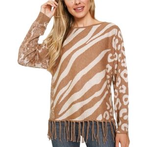 Mystree Zebra Animal Mix Fringe Bottom Neutral Sweater M